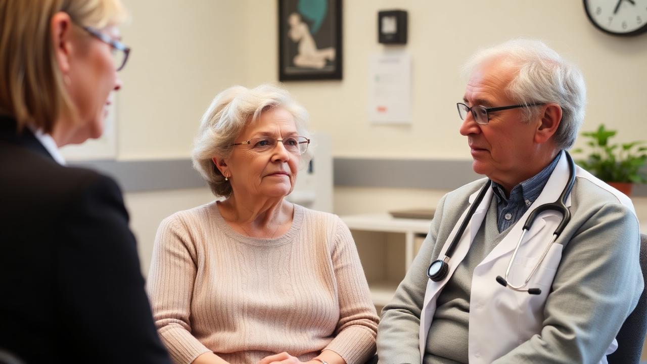 GP referral Older woman talking with her GP in a UK surgery consulting room