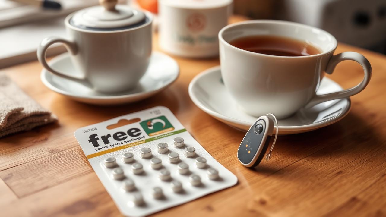 Free NHS batteries Pack of hearing aid batteries and a hearing aid on a kitchen table with tea