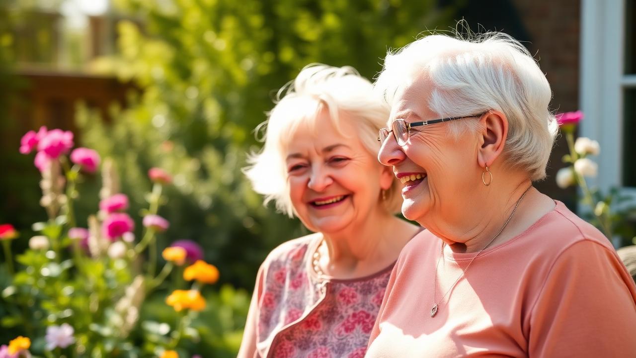 Staying connected Two older women chatting easily in a sunny English garden