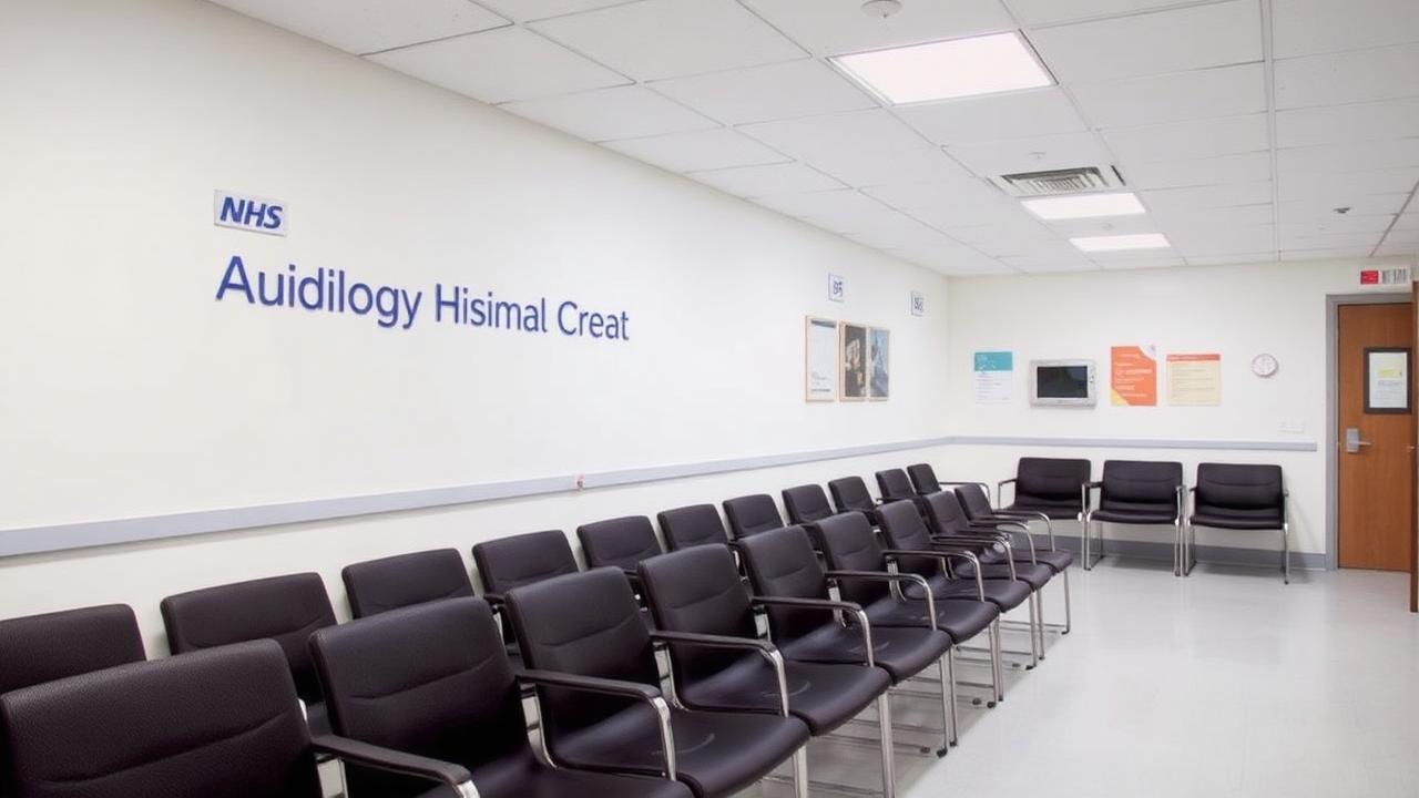 Empty NHS audiology department waiting area in a UK hospital