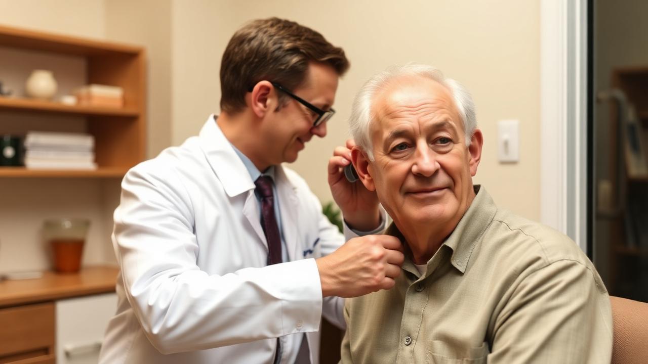 Audiologist fitting a behind-the-ear hearing aid for an older man