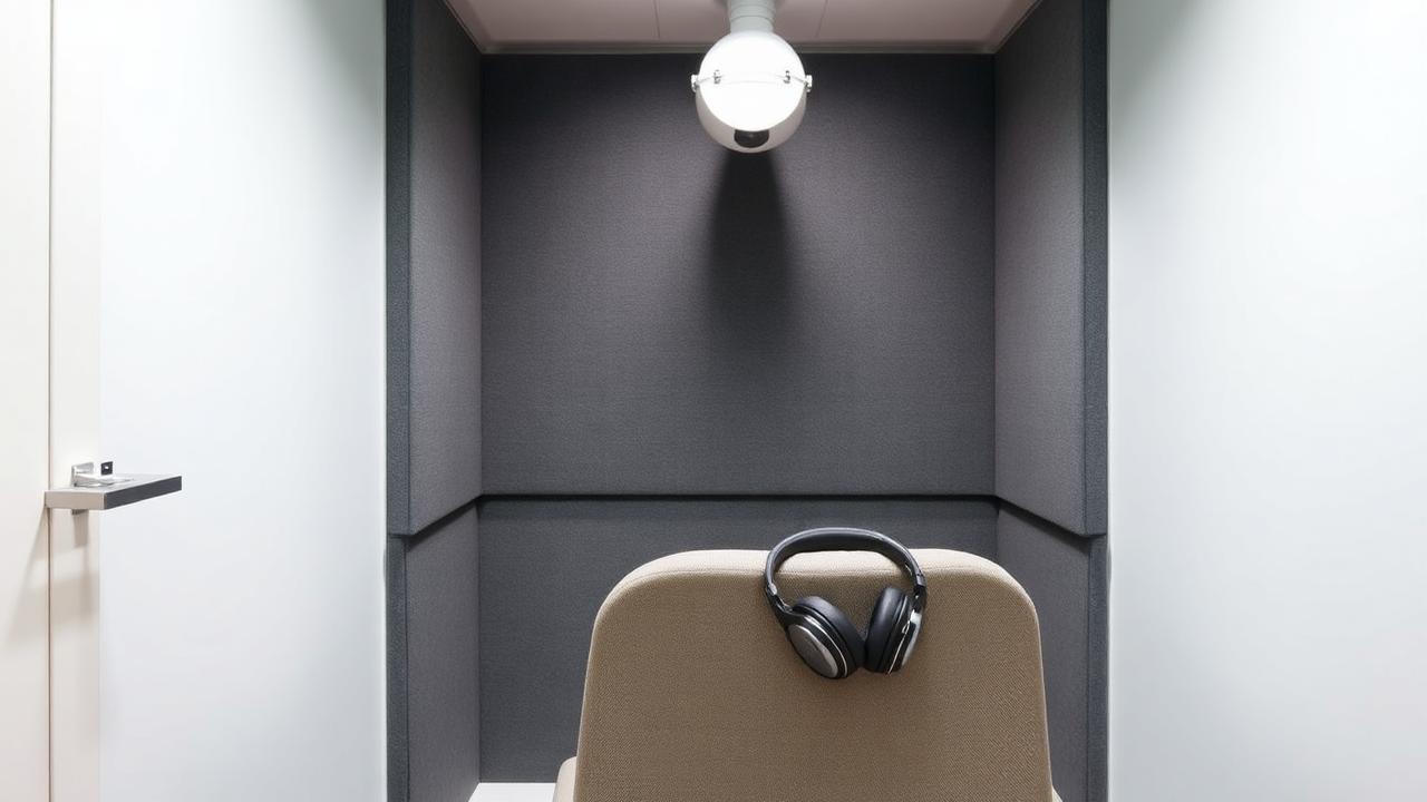 Audiometry booth Soundproof audiometry booth with headphones in a private hearing clinic