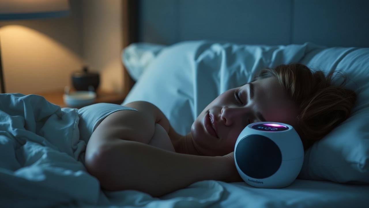 Sound enrichment at night Person sleeping with a bedside sound machine providing background noise