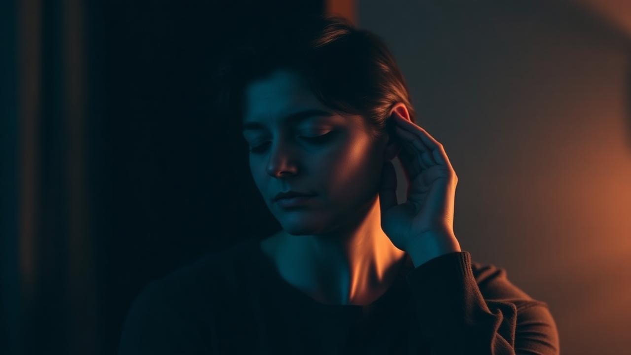 Blocked ear with tinnitus Woman sitting quietly in a dim room with her hand near her ear, affected by tinnitus