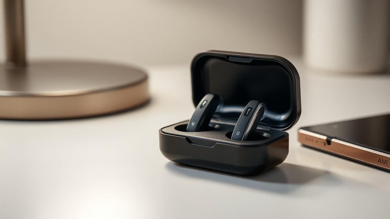 Pair of rechargeable hearing aids in an open charging case on a desk