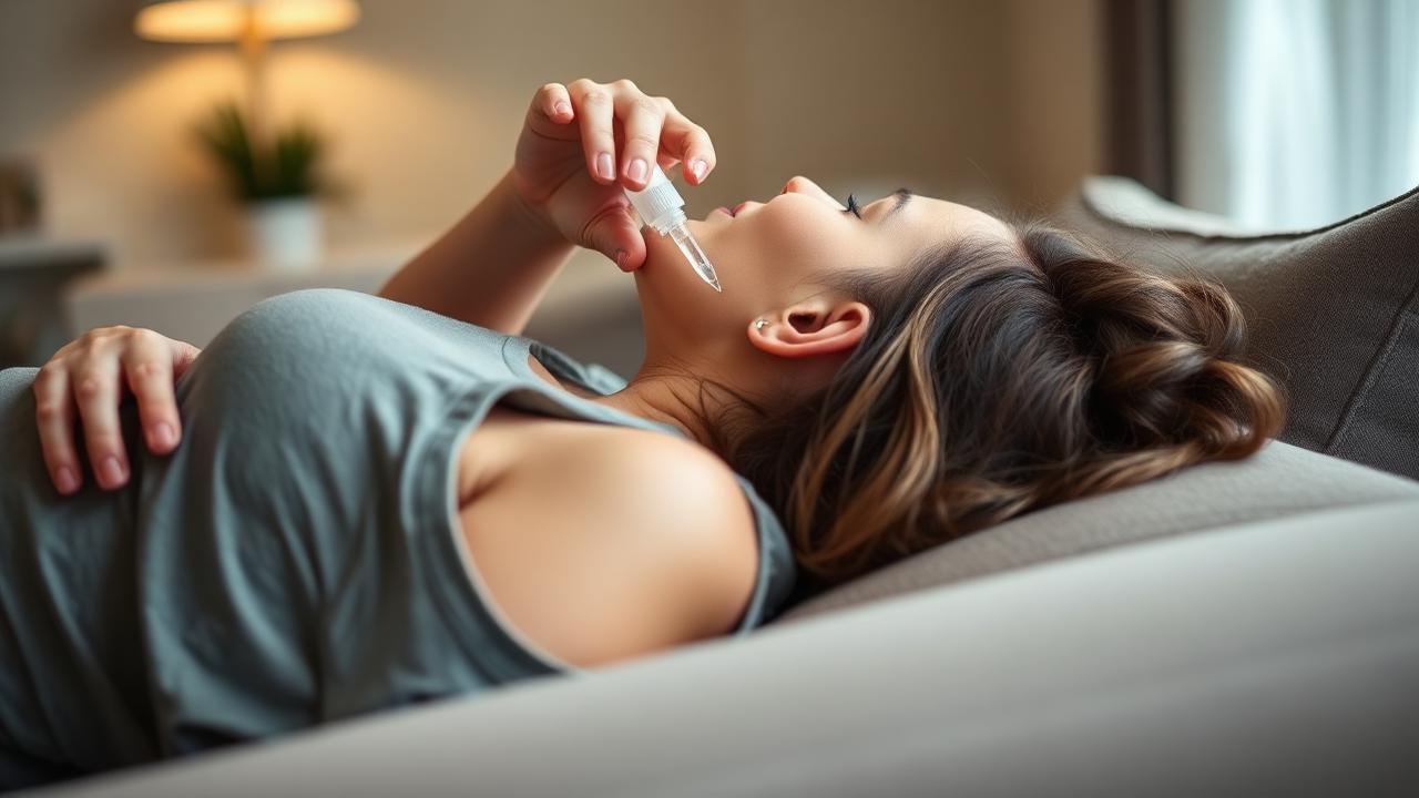 How to apply ear drops Woman lying on her side applying ear drops into her upturned ear