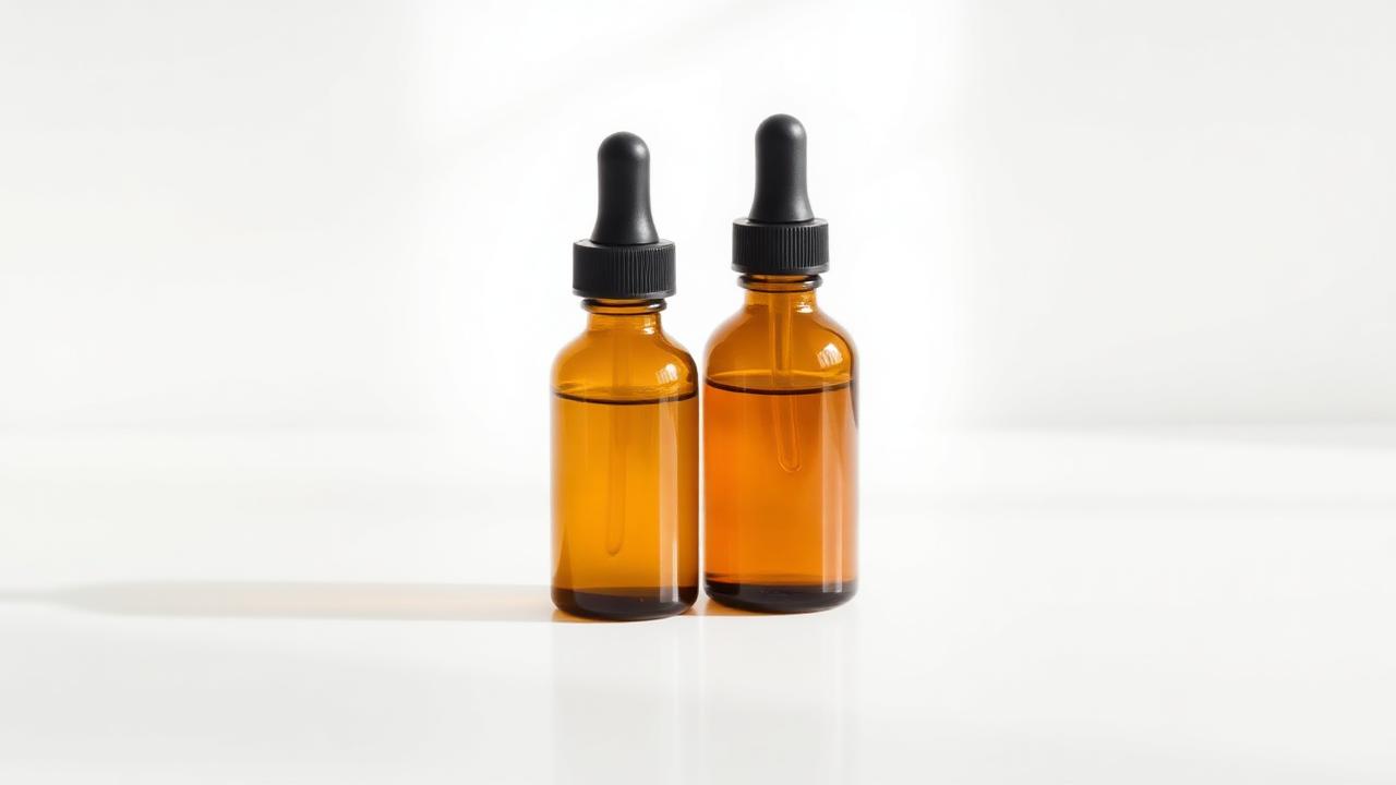 Olive oil and sodium bicarbonate drops Two amber dropper bottles side by side on a white counter