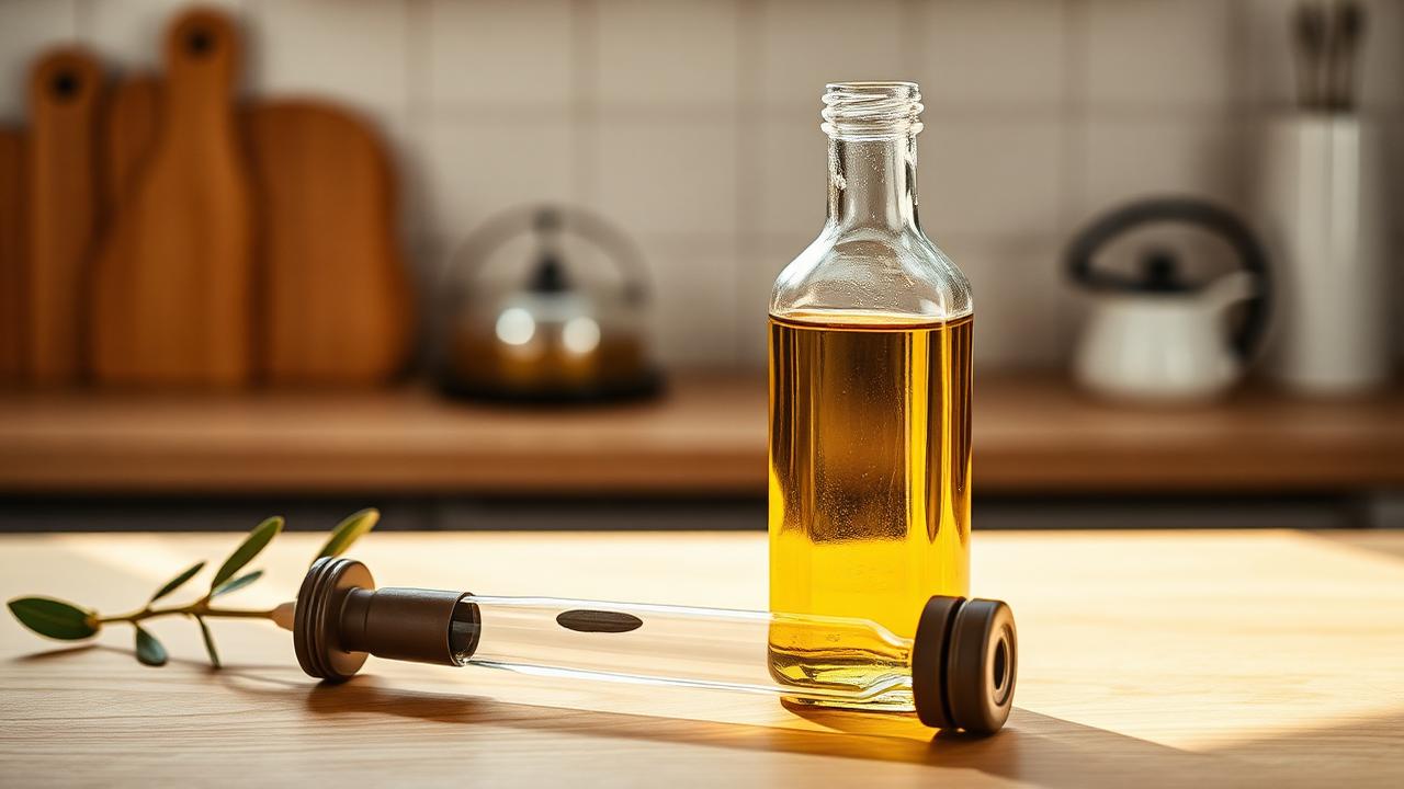 Olive oil for ear wax Bottle of olive oil and a pipette on a kitchen surface in morning light
