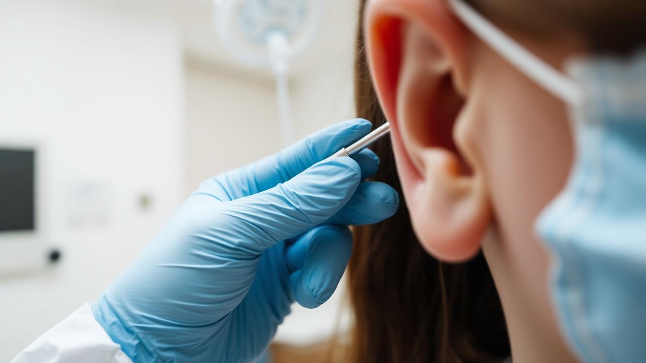 Audiologist using a fine suction handpiece close to a patient's ear