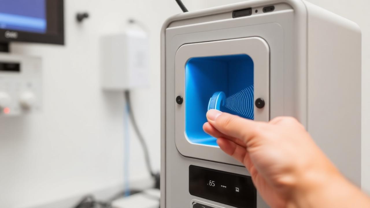 Test box measurement Hearing aid being tested in an acoustic test chamber in an audiology clinic