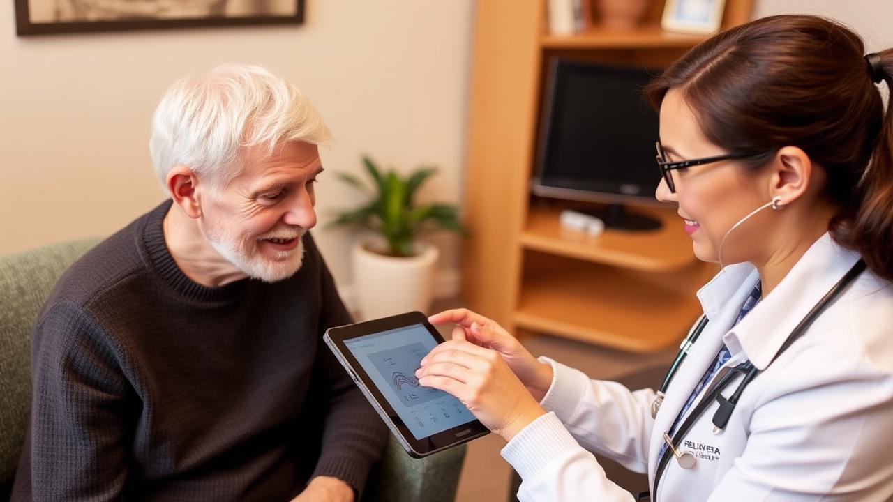 Follow-up review Audiologist and patient reviewing hearing aid settings on a tablet