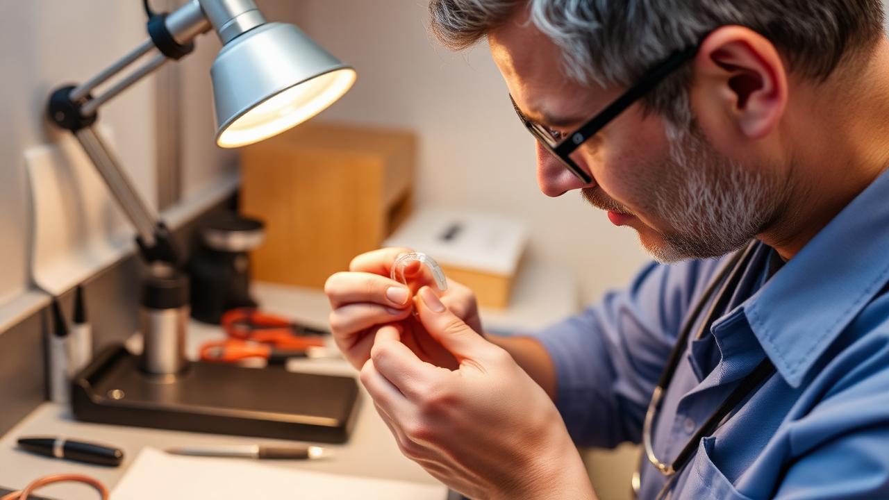 Hearing aid servicing Audiologist servicing a hearing aid at a workbench under a magnifier lamp