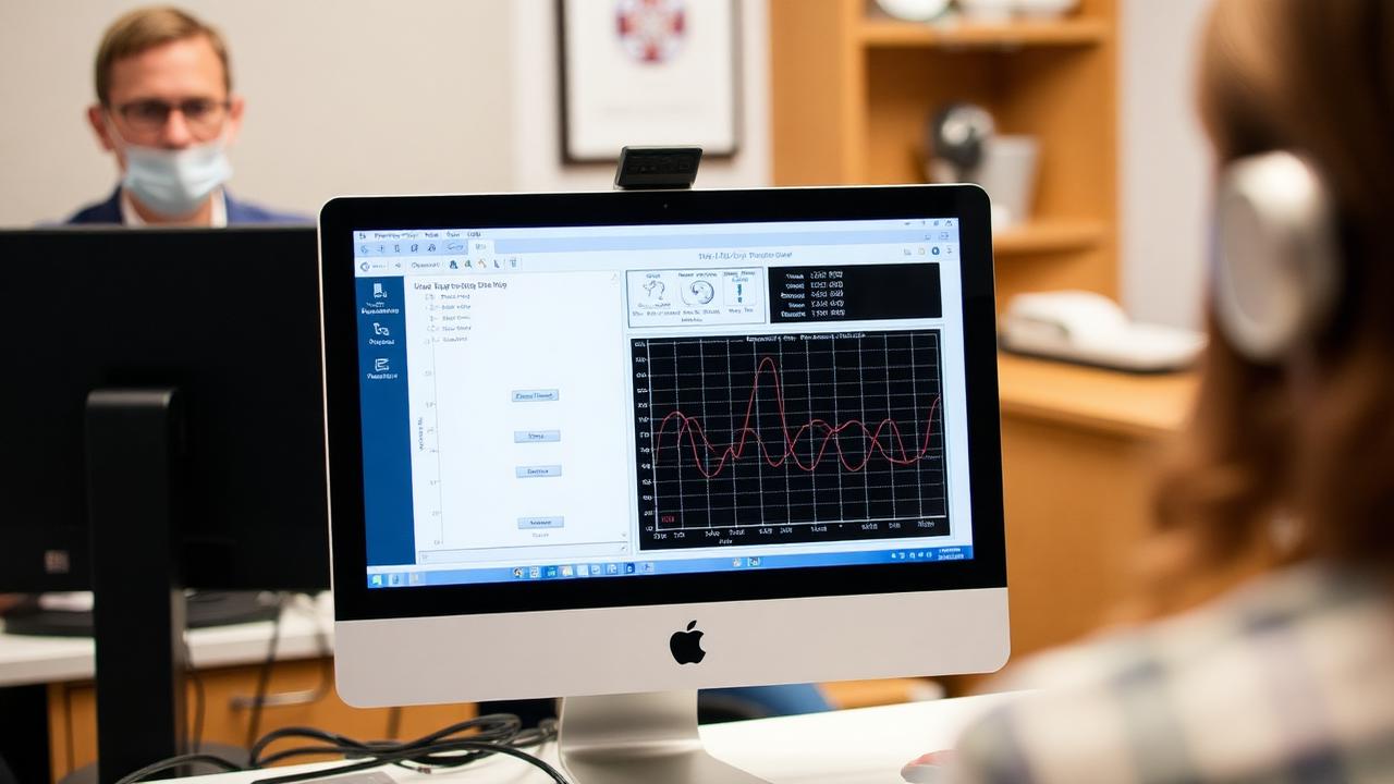 Hearing aid fitting software showing frequency gain curves on a clinic screen