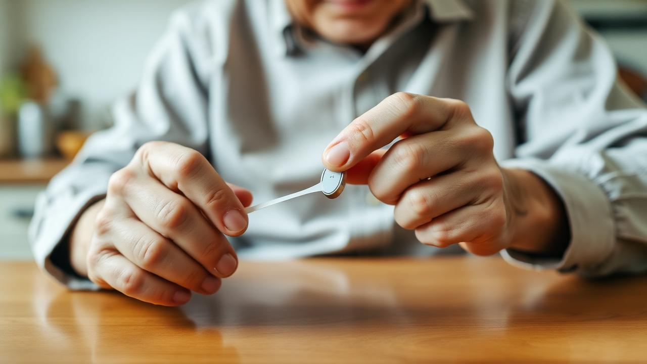Older man peeling the tab from a small hearing aid battery at a kitchen table