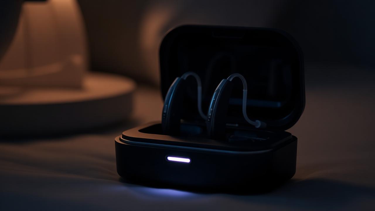 Rechargeable hearing aids sitting in a charging case with an indicator light