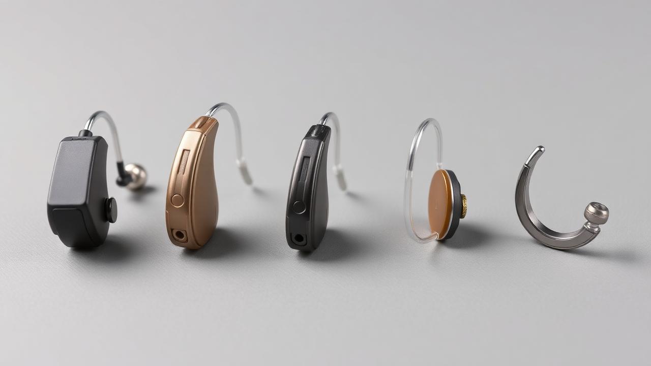 Hearing aid styles compared Five styles of hearing aid arranged in a row on a grey surface