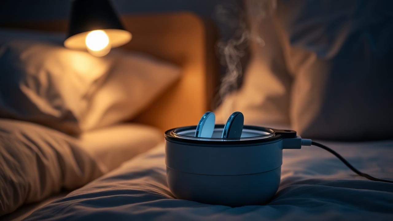 Overnight drying pot Hearing aids drying overnight in an electric dehumidifying pot beside a bed