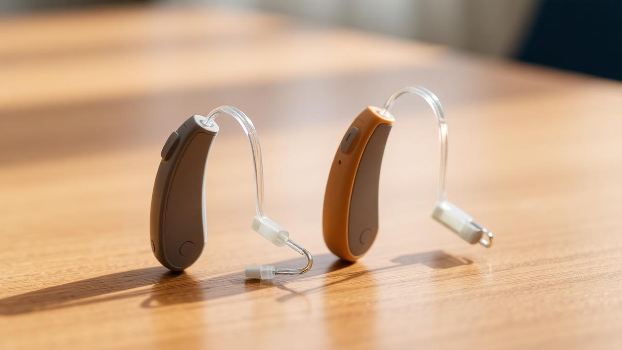 Old and newer hearing aids Two pairs of behind-the-ear hearing aids side by side on a wooden table
