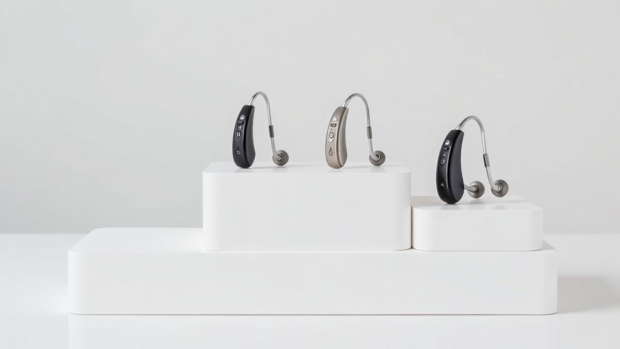 Four hearing aids displayed on white plinths representing technology levels