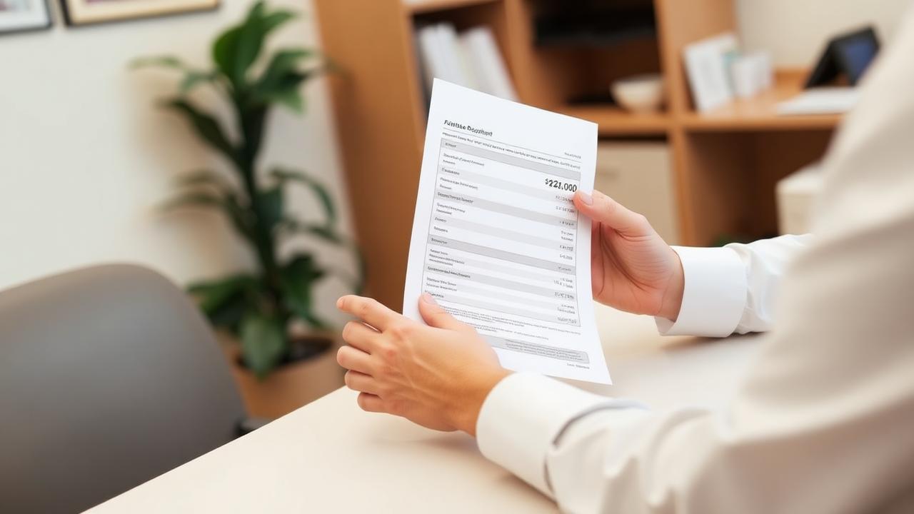 Audiologist explaining a printed price and aftercare document to a patient