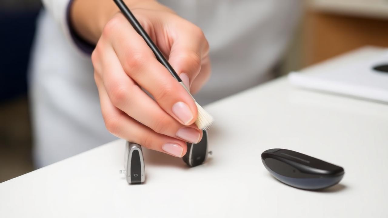 Brushing microphone ports Hands brushing the microphone ports of a hearing aid with a small soft brush