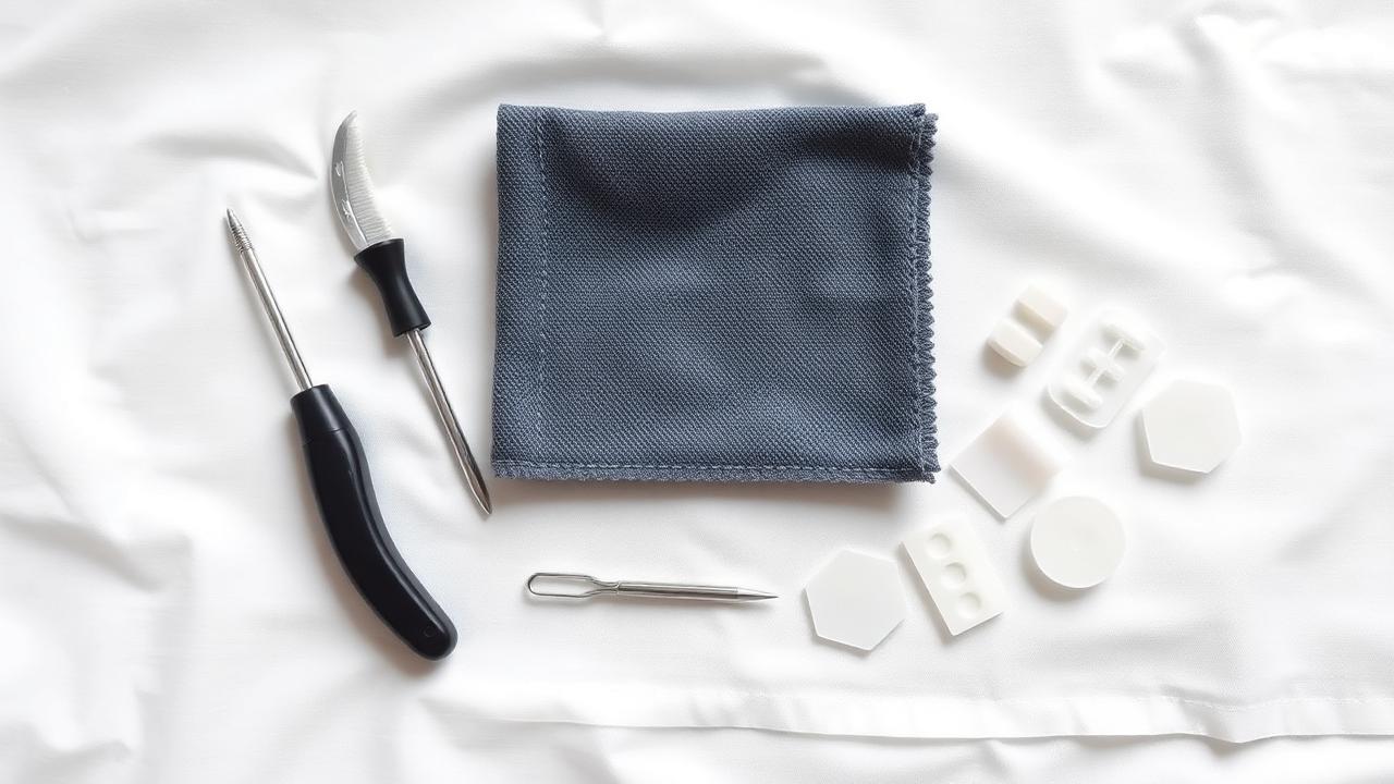 Hearing aid cleaning kit Hearing aid cleaning kit with brush, wax pick, cloth and spare filters laid out