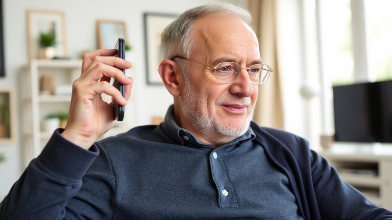 Older man taking a phone call while wearing hearing aids at home