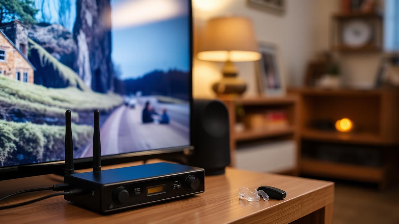 TV streaming transmitter beside a television with hearing aids on the shelf