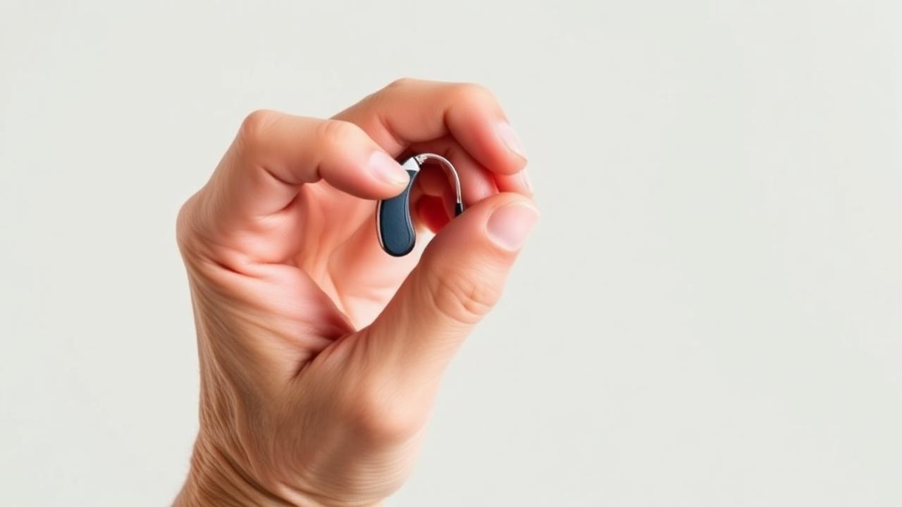 Hand holding a small hearing aid ready to fit it into the ear