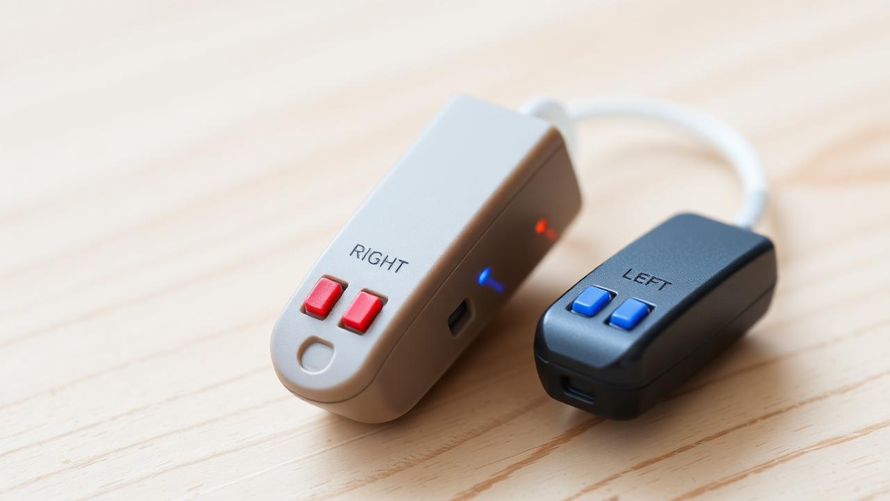 Pair of hearing aids marked with red and blue indicators for right and left