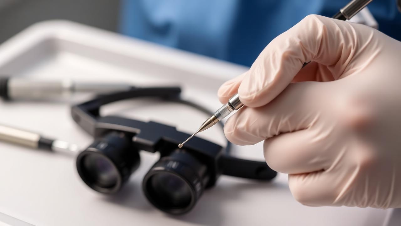 Microsuction equipment Gloved hands holding a microsuction probe beside ENT head loupes on a clinical tray