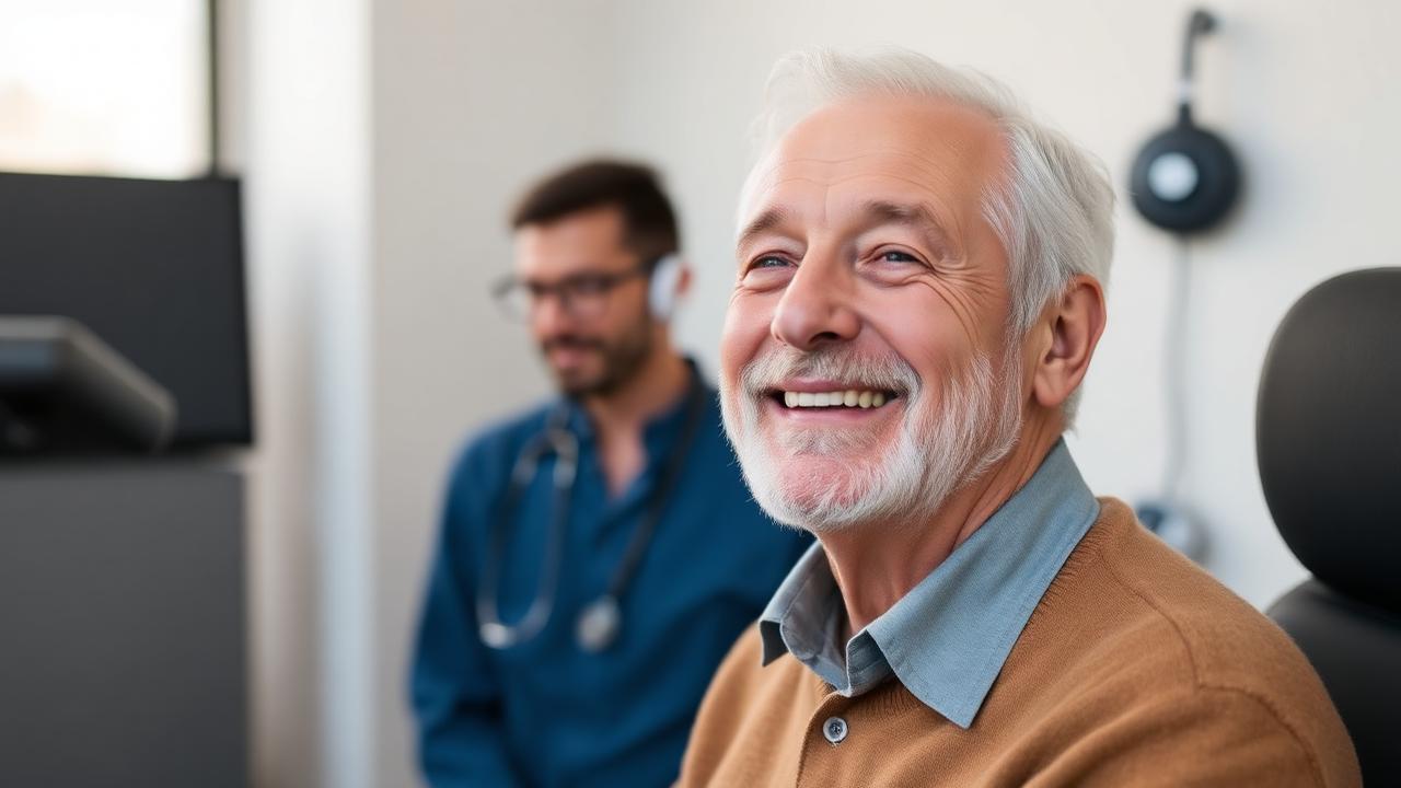 After ear wax removal Older man smiling after ear wax removal at a private hearing clinic