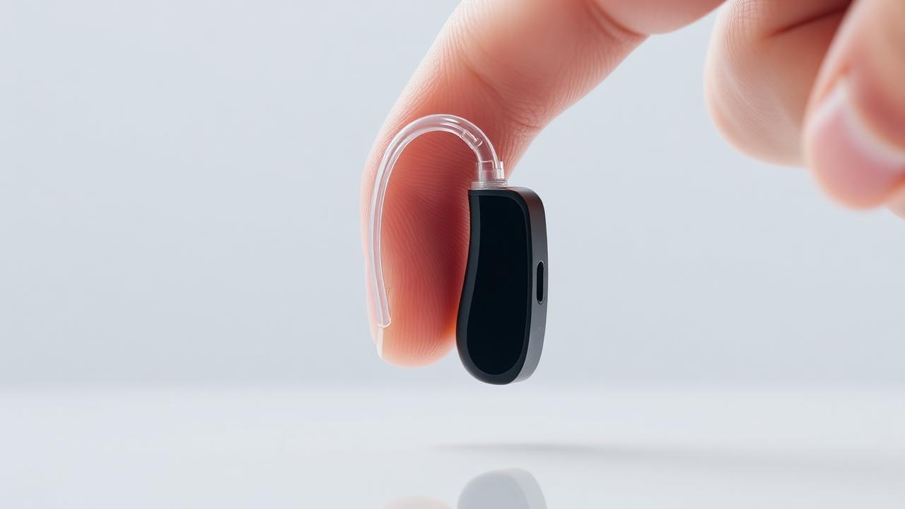 Close up of a modern behind the ear hearing aid held between fingertips