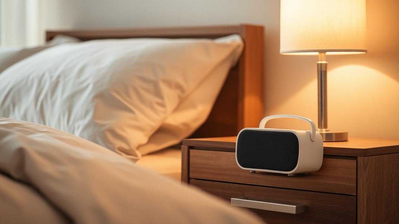 Bedside sound machine on a nightstand in a softly lit bedroom