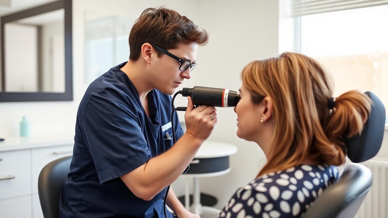 Otoscopic ear examination Audiologist examining a patient's ear with an otoscope at an Aylesbury clinic