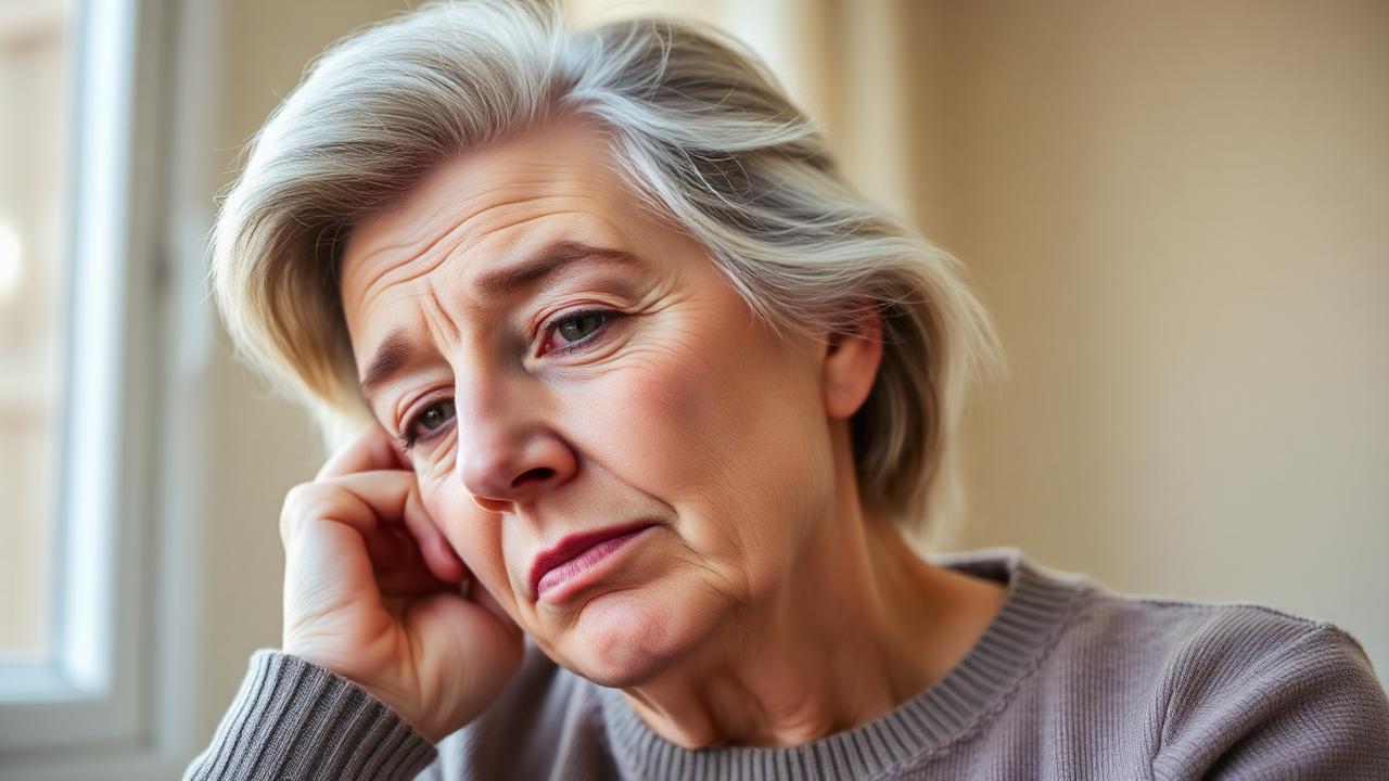Blocked ear at home Woman at home holding her ear because it feels blocked and muffled
