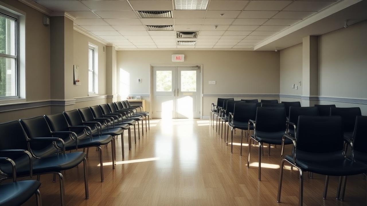 NHS waiting room Empty NHS style waiting room with rows of chairs