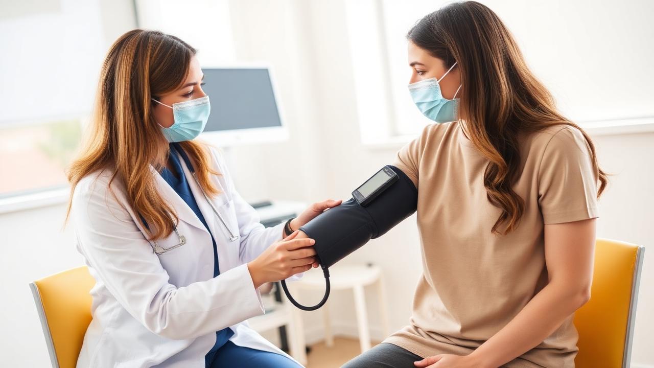 Blood pressure check Clinician measuring a patient's blood pressure with a cuff in a consulting room