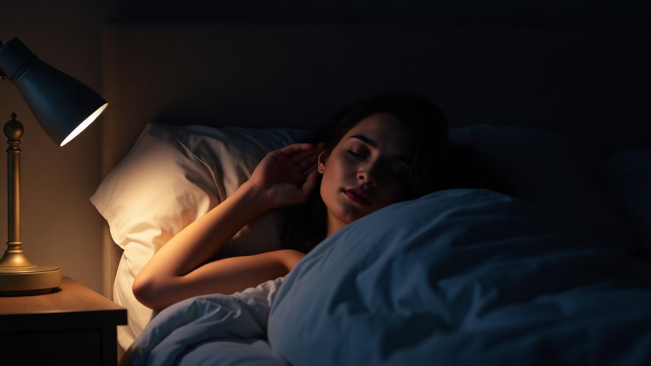 Pulsatile tinnitus at night Woman lying awake in bed at night aware of a pulsing sound in her ear