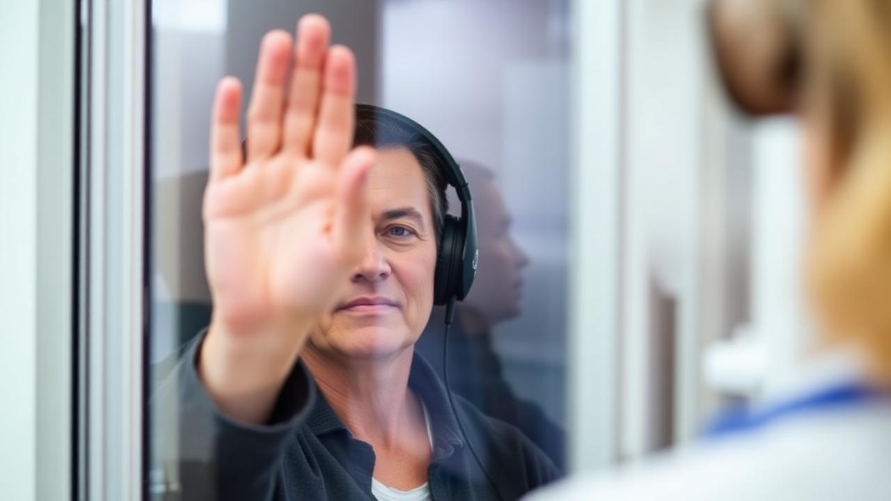 Patient wearing audiometry headphones responding during a hearing test
