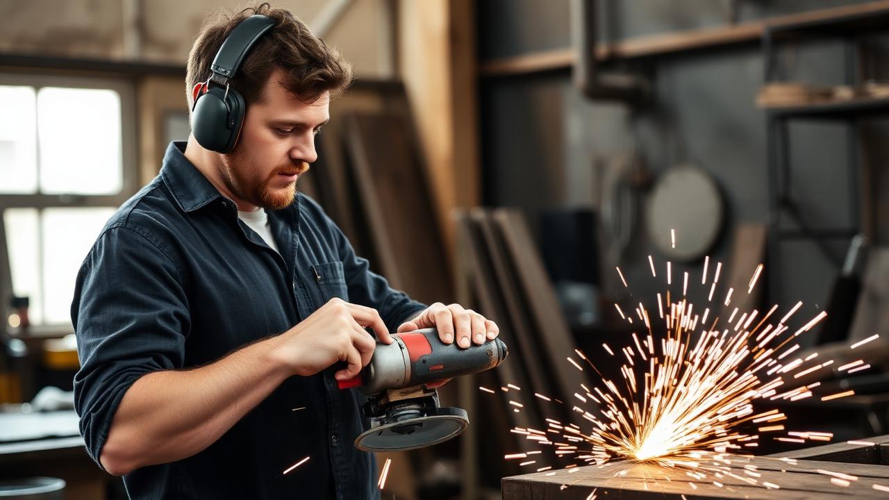 Workshop user wearing ear defenders while operating an angle grinder