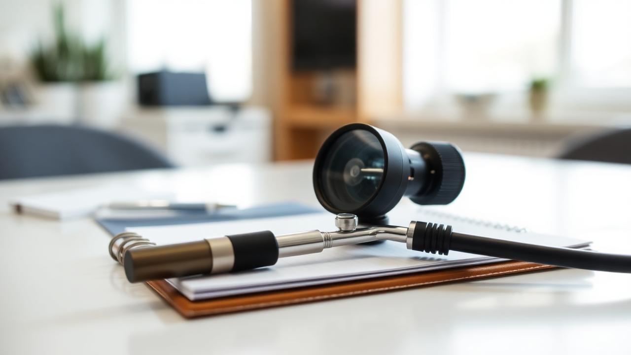 Otoscope resting on a clinician's notepad in an audiology clinic