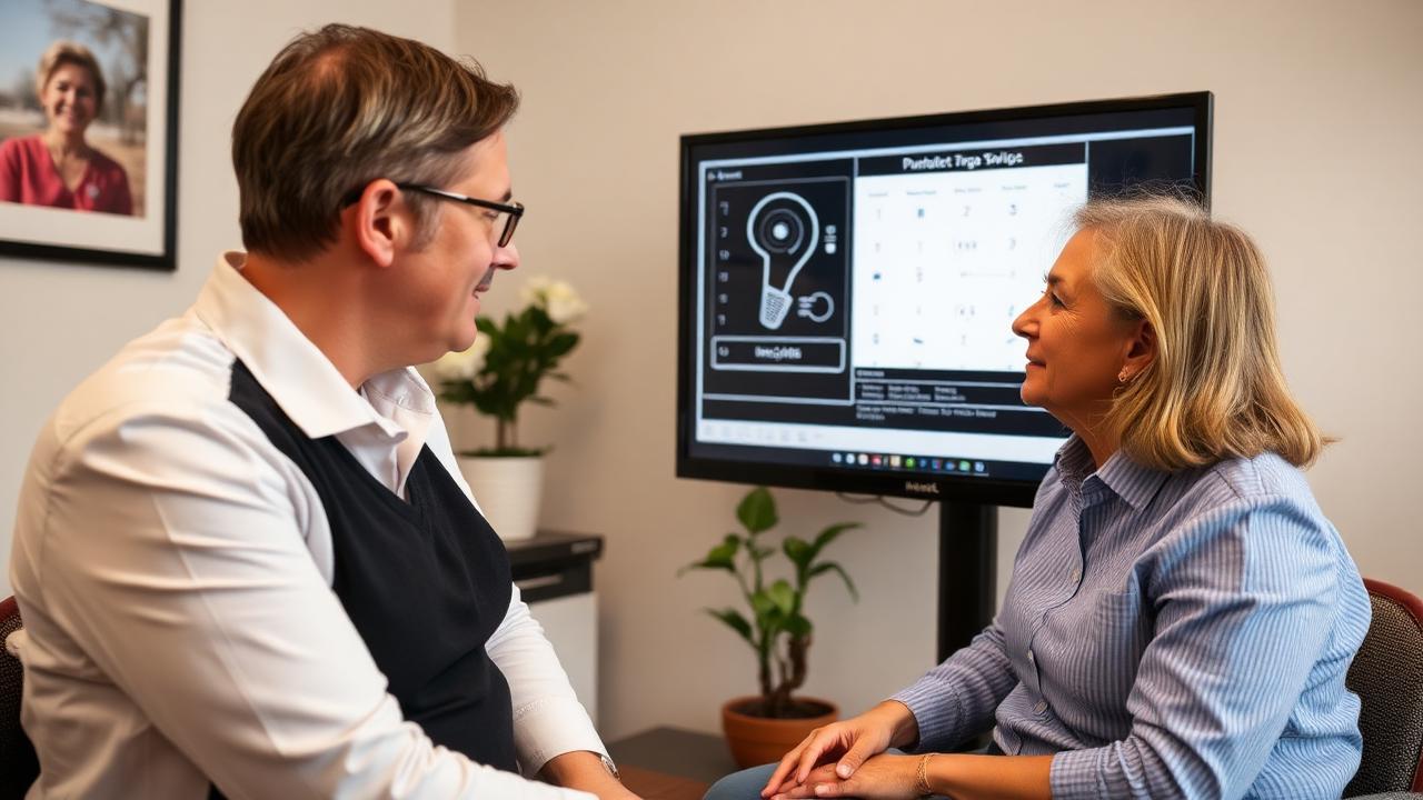 Audiologist explaining hearing test results to a patient on a screen