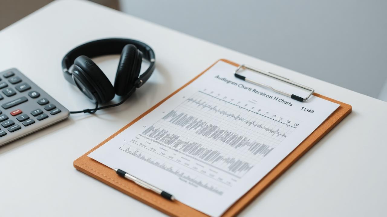 Printed audiogram chart on a clipboard beside audiometry headphones