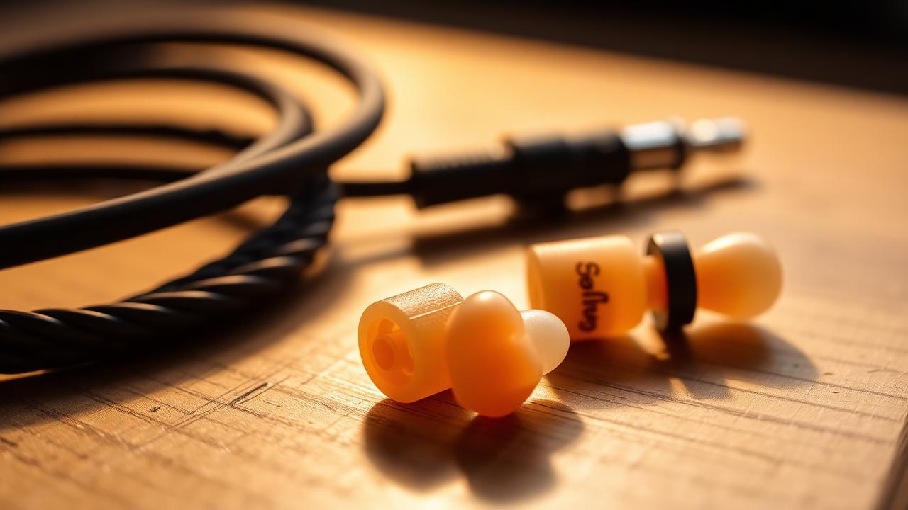Custom moulded musician earplugs on a wooden surface beside a cable