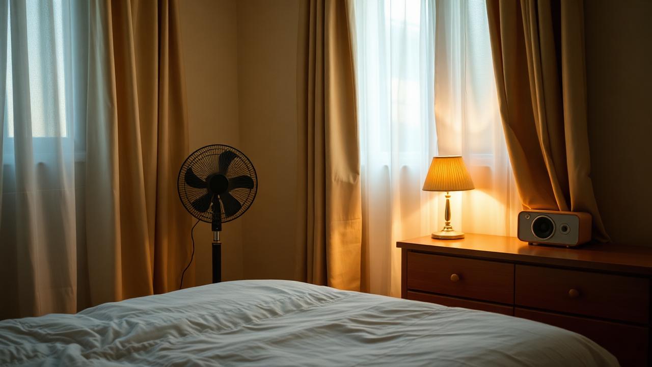Night time sound enrichment Bedroom with a fan and a small speaker providing background sound