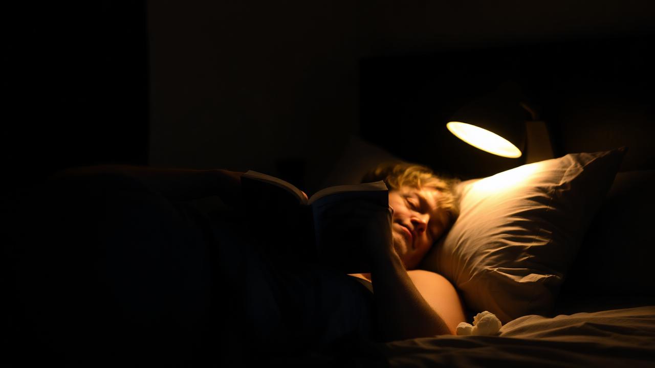 Wind down routine Person reading a book in bed under warm lamplight as part of a wind down routine