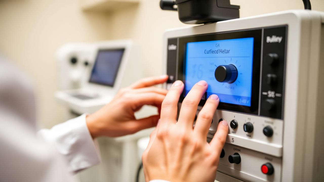Clinician adjusting the controls of an audiometer during testing