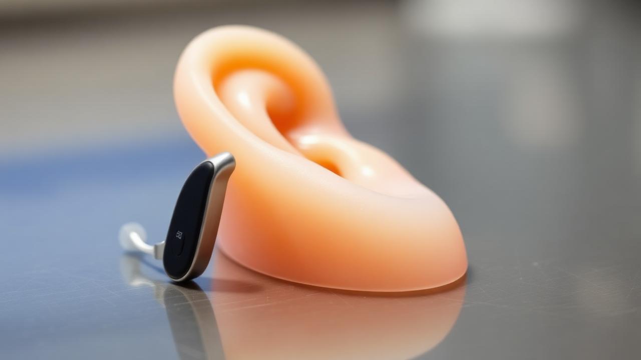 Custom in-the-ear hearing aid beside a silicone ear model on a worktop