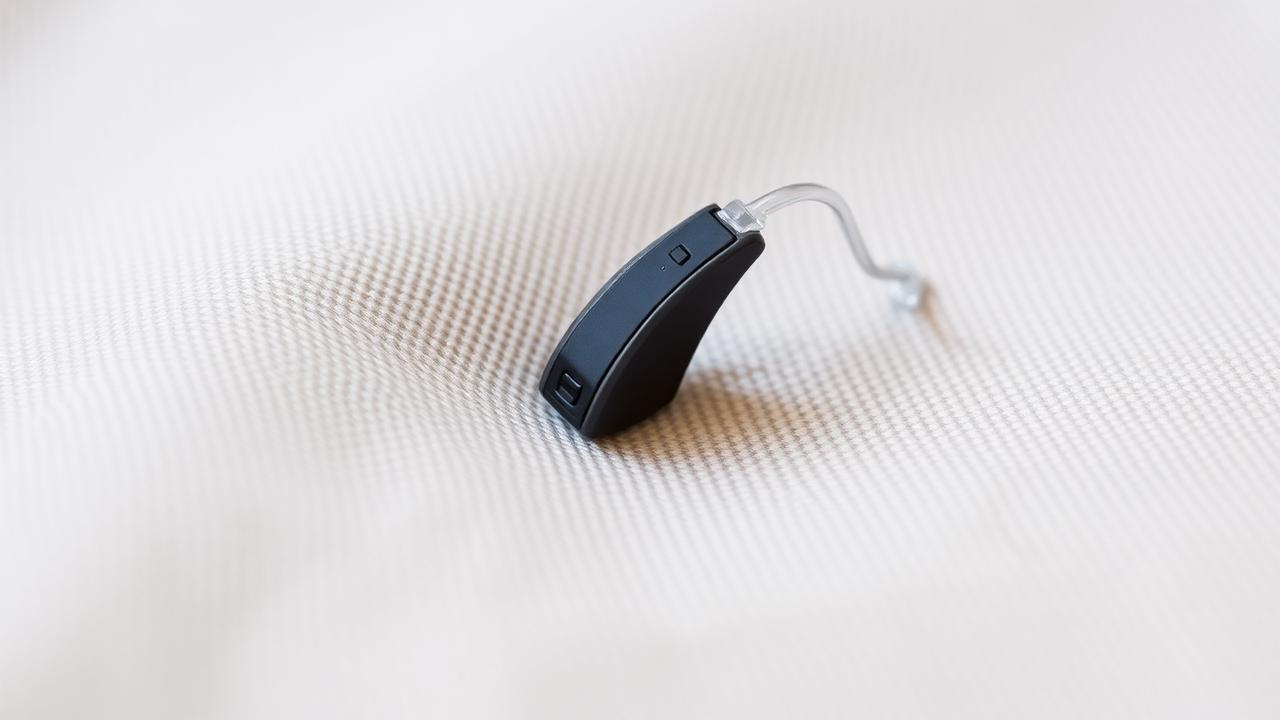 Slim discreet receiver-in-canal hearing aid resting on neutral fabric